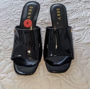 DKNY Black patented leather high heeled sandals
